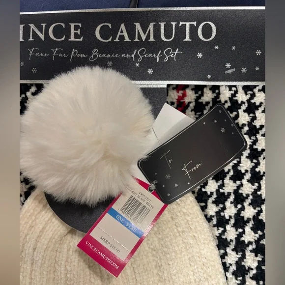 Vince Camuto Soft Ivory Beanie + Black Houndstooth Pattern Scarf Set - Picture 2 of 4